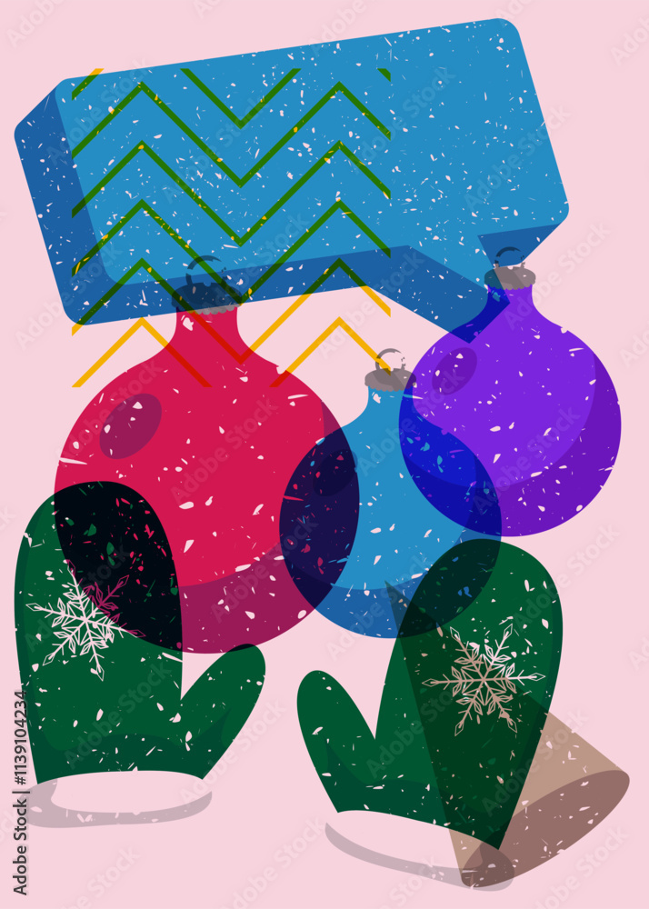 Poster risograph mitten glove and christmas decoration ball with speech bubble with geometric shapes. objec