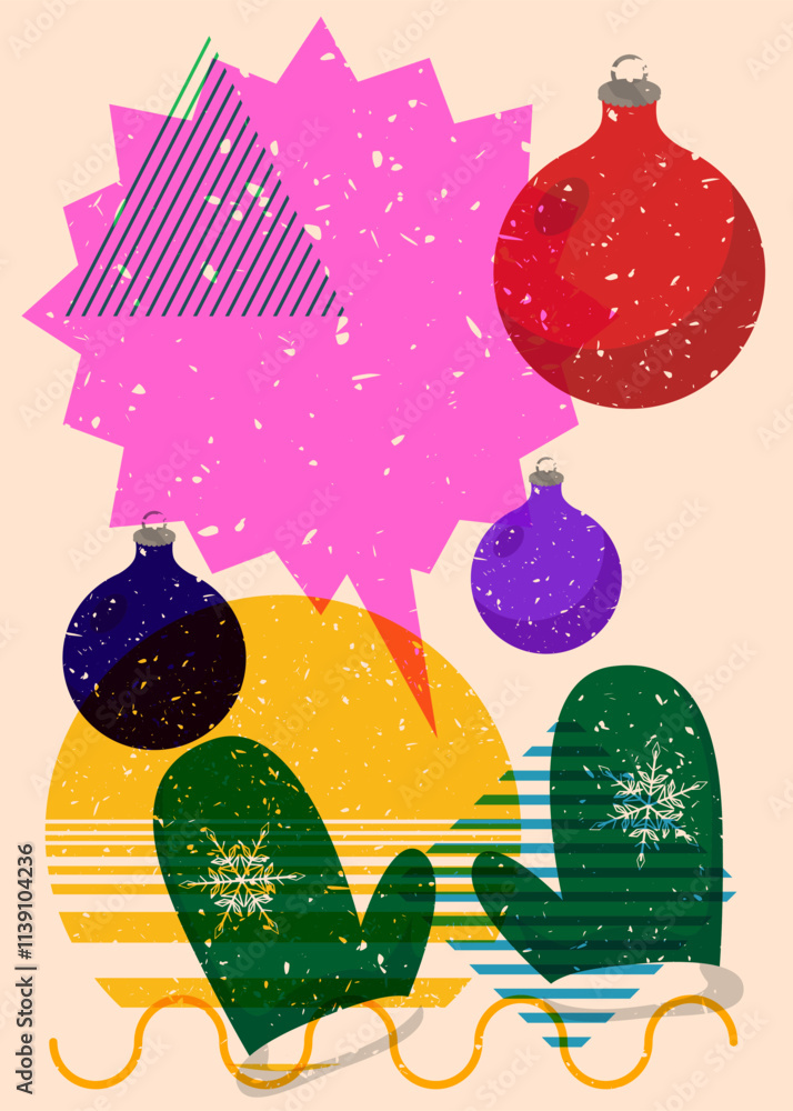 Poster risograph mitten glove and christmas decoration ball with speech bubble with geometric shapes. objec