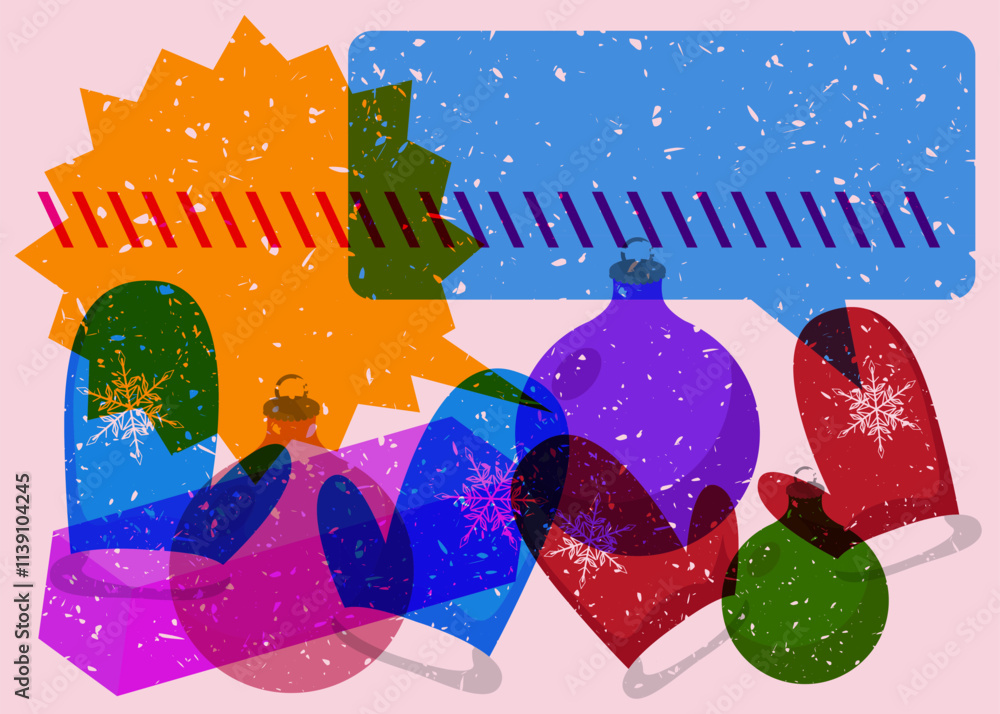 Poster risograph mitten glove and christmas decoration ball with speech bubble with geometric shapes. objec