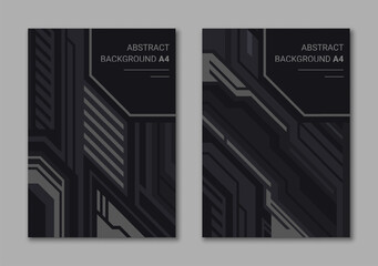 Abstract monochrome geometric covers A4 set. Vertical cyber background for brochure, marketing materials.