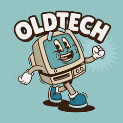 Retro Computer Trendy Retro Cartoon Vector Hand Drawn