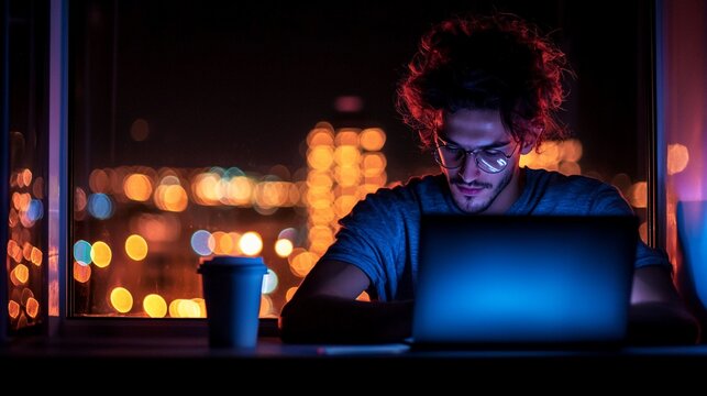 Man working on laptop at night.