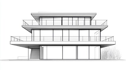 Modern Architectural Sketch of a Three-Story House with Large Windows and Balconies, Showcasing a Minimalist Design and Open Layout Concept