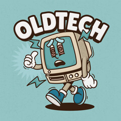 Retro Computer Trendy Retro Cartoon Vector Hand Drawn