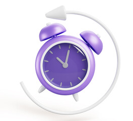 3d alarm clock with circle arrow speed. Vintage purple watch countdown hours and minutes. Fast delivery service, deadline or time management concept, isolated cartoon render icon. 3D illustration