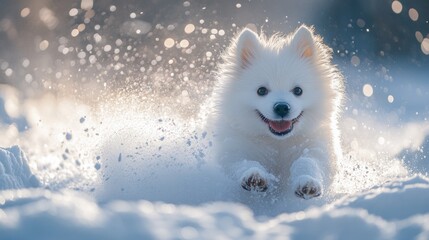 Happy white dog running in snowy scene.
