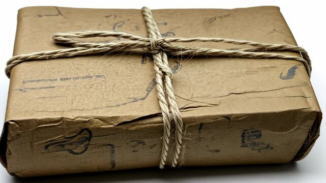 Wrapped brown package tied with string resting on a white surface with handwritten notes visible
