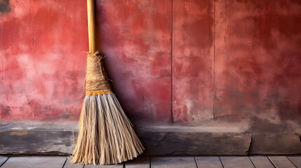 Wooden Broom Resting Against Brightly Painted Wall &ndash; A Glimpse Into Traditional Cleaning Methods