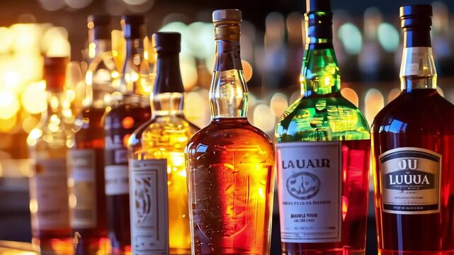 Close-up of various liquor bottles on a bar, illuminated by warm lights. Perfect for concepts related to nightlife, spirits, and alcohol.