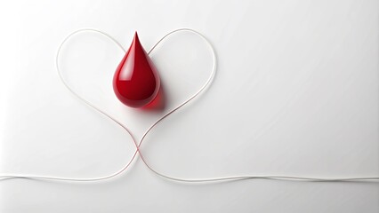 A red blood drop shaped object rests within a white cord shaped like a heart symbolizing donation and life