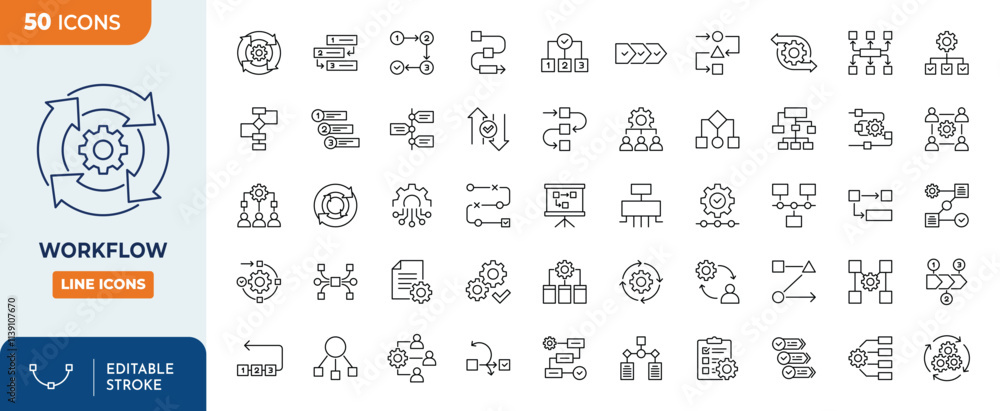 Leinwandbilder Workflow Line Editable Icons set. Contain related icons: networking, progress, scheme, and more. Vector illustration