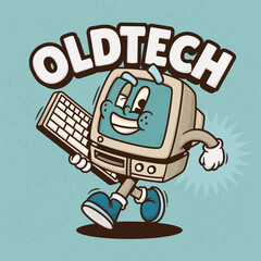 Retro Computer Trendy Retro Cartoon Vector Hand Drawn