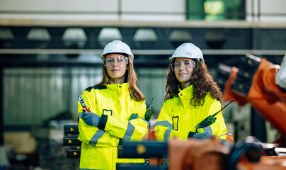 Skilled Women Engineers in Safety Gear Working With Industrial Robots at a Manufacturing Facility