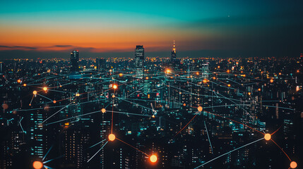 Fototapeta premium Smart digital Innovation city with connection network reciprocity over the cityscape. of future smart wireless city and social media networking systems that connects business people with in city