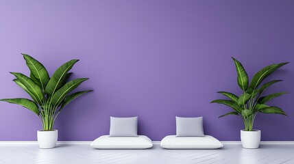 Fototapeta premium A serene interior featuring two white cushions and vibrant green plants against a calming purple wall.