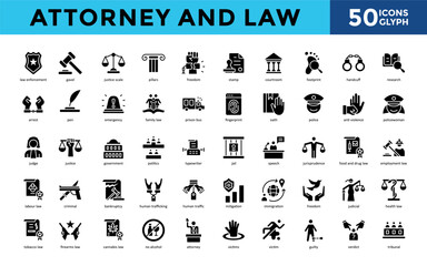 Attorney and Law icons set with law enforcement, gavel, justice scale, pillars, freedom, stamp, courtroom, footprint, handcuff, research icon. Simple glyph vector 
