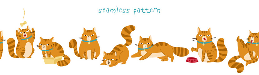 This delightful seamless pattern showcases adorable ginger cats depicted in a variety of playful poses and antics