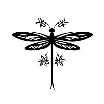 Black dragonfly silhouette with flowers.