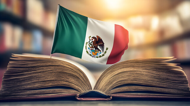 la constitucion mexicana libro abierto con articulos constitucionales con una bandera de mexico saliendo del libro patriotismo