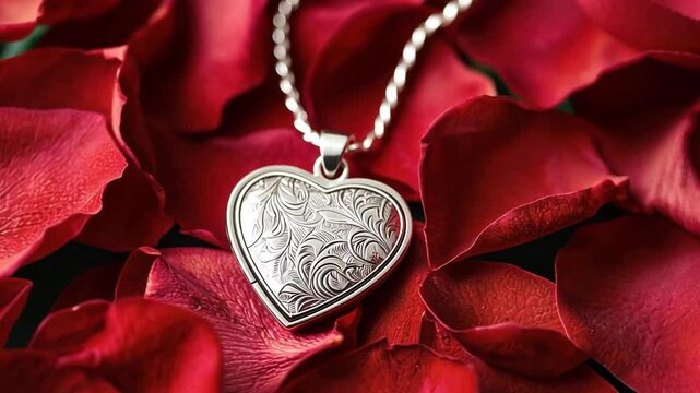 Heart-shaped locket rests on a bed of red rose petals. Romantic jewelry image perfect for Valentine's Day or anniversary.