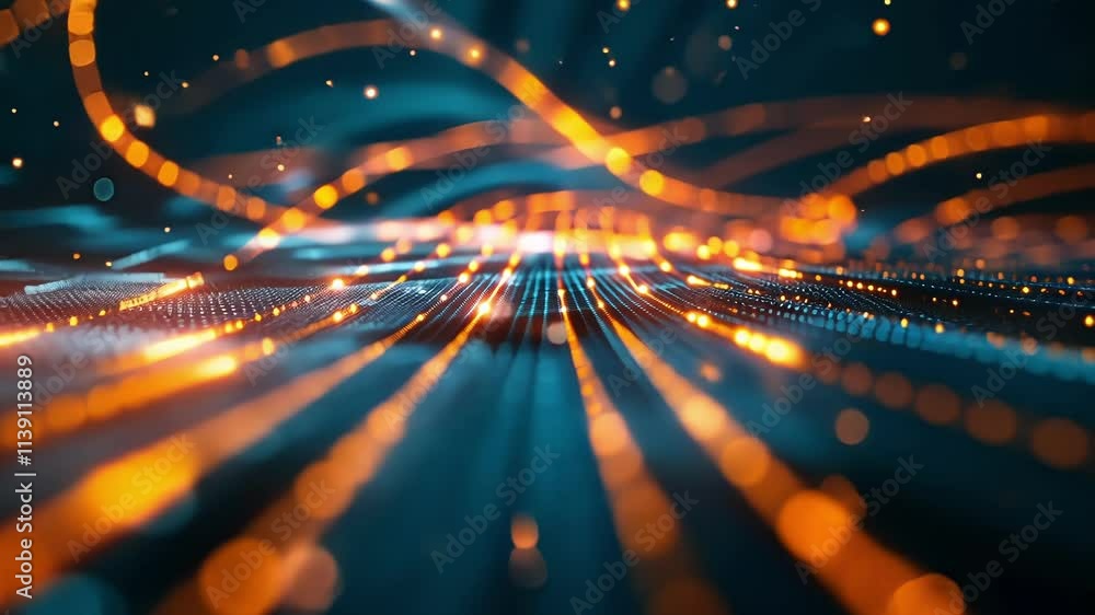 Poster digital particles are flowing and glowing in cyberspace, creating a futuristic and technological lan