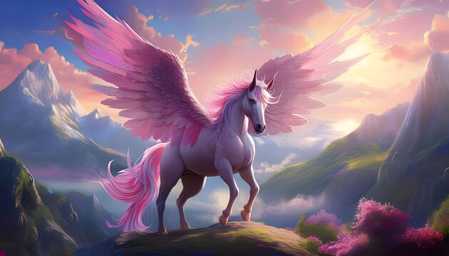 Pink pegas with the wings fantasy mountains background 