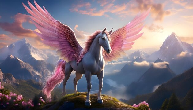 Pink pegas with the wings fantasy mountains background 