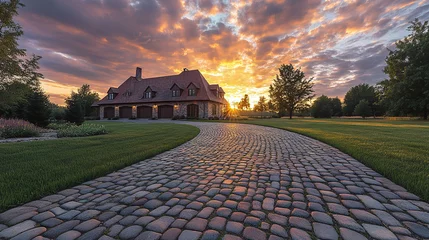 Evening dusk sunset, cobblestone driveway, grass lawn meadow, nobody, beautiful landscape, luxury house home and garage building modern architecture. real estate property, suburban neighbourhood.