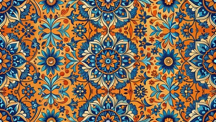 Intricate Blue and Orange Floral Mandala Design for Textile and Fabric Prints