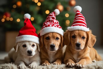 Adorable Christmas Puppies in Santa Hats