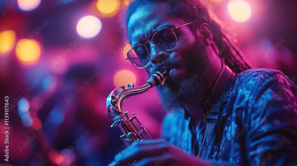 Poster saxophone player performing at a club with bokeh lights.