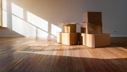 綺麗な部屋にある山積みの段ボール。窓から光が射す部屋と段ボール。A mountain of cardboard boxes in a beautiful room. A room with light shining through the window and cardboard boxes.