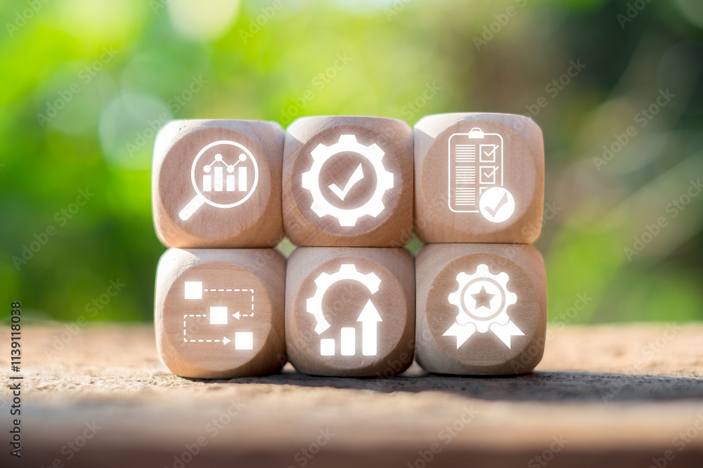 Poster wooden blocks displaying quality control icons, symbolizing efficiency and standards in business and