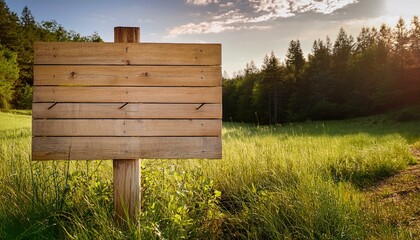 Fototapeta premium Blank wooden sign in a grassy field.
