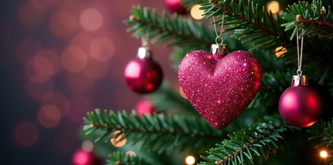 Obraz premium Pink and silver heart-shaped decorations on a Christmas tree, decorations, shaped, sparkly