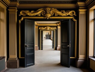 Fototapeta premium A Majestic View of Open Doors in an Ornate Hallway with Intricate Architectural Details