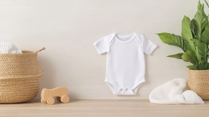 Blank Baby Bodysuit Mockup: Adorable white baby bodysuit mockup with a natural aesthetic, perfect for showcasing your designs.  