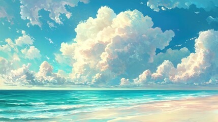 Obraz premium Serene Beach Scene with Fluffy Clouds and Calm Ocean Waves