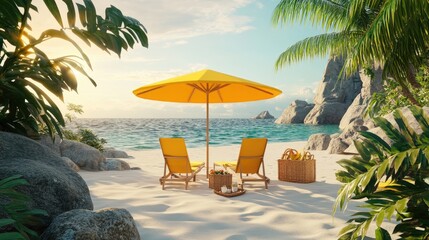 Naklejka premium Tranquil Beach Scene with Yellow Umbrella and Lounge Chairs