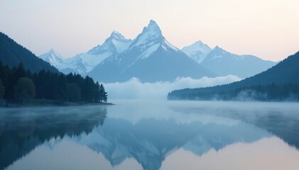 Mist-shrouded peaks rising above a misty pond, blending with the foggy atmosphere, mist, water