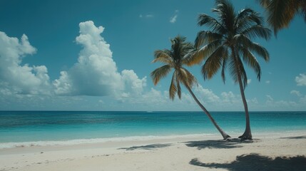 Fototapeta premium Tropical Beach Scene with Palm Trees and Blue Sky Background
