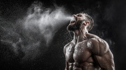 A muscular man exhales forcefully, creating a dramatic spray of mist and droplets against a dark background, emphasizing strength and intensity.