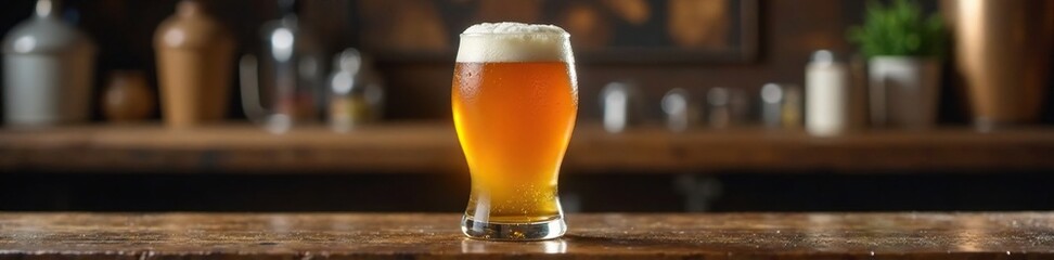 Hazy IPA beer in a glass on a wooden shelf with brewing equipment, color, condensation, glass