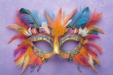 A colorful Mardi Gras mask with feathers and beads