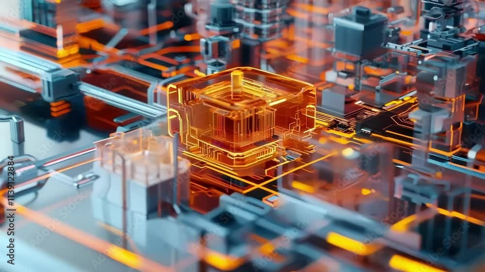 Poster glowing cpu processing power increases within a motherboard, signaling advancements in innovative ma