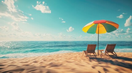 Sunny Beach Scene with Colorful Umbrella and Empty Lounge Chairs