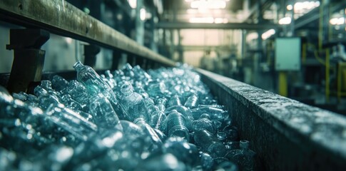 Close-up of a pile of plastic bottles, predominantly clear and turquoise, on a conveyor belt in a recycling facility