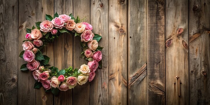 A delicate pink rose wreath adorns a rustic wooden background, perfect for spring or wedding invitations.
