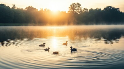 Naklejka premium Serene Sunrise Over a Misty Lake with Ducks Swimming Peacefully