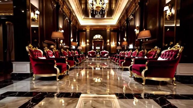 Elegant and luxurious hotel lobby featuring marble floors and red velvet furniture, exuding sophistication